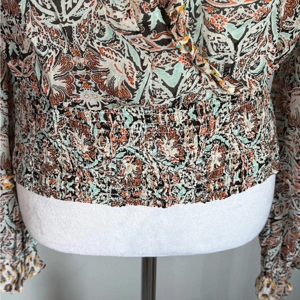 Anthropologie Flounce Printed Ruffle Blouse V Neck Long Sleeve Smocked Top - Picture 3 of 8